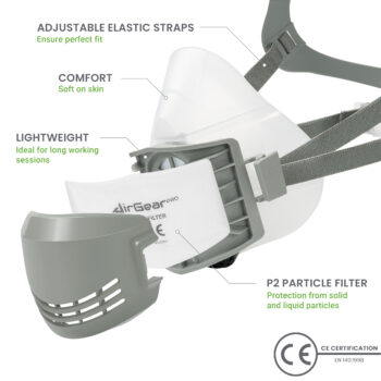 Replacement air filter for AirGearPro mask with adjustable elastic straps, lightweight design, soft comfort on skin, and particle protection. Suitable for prolonged use and respiratory safety.