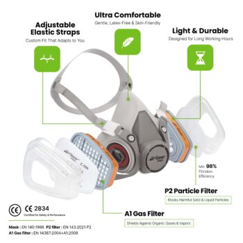 Comfortable respiratory mask with adjustable elastic straps and high-efficiency filtration, including P2 and A1 filters for organic gases, offering protection against particles and vapors.