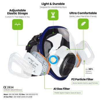 Efficient air compressor mask featuring adjustable elastic straps, lightweight design, and high filtration efficiency for safety and comfort during long hours of use.