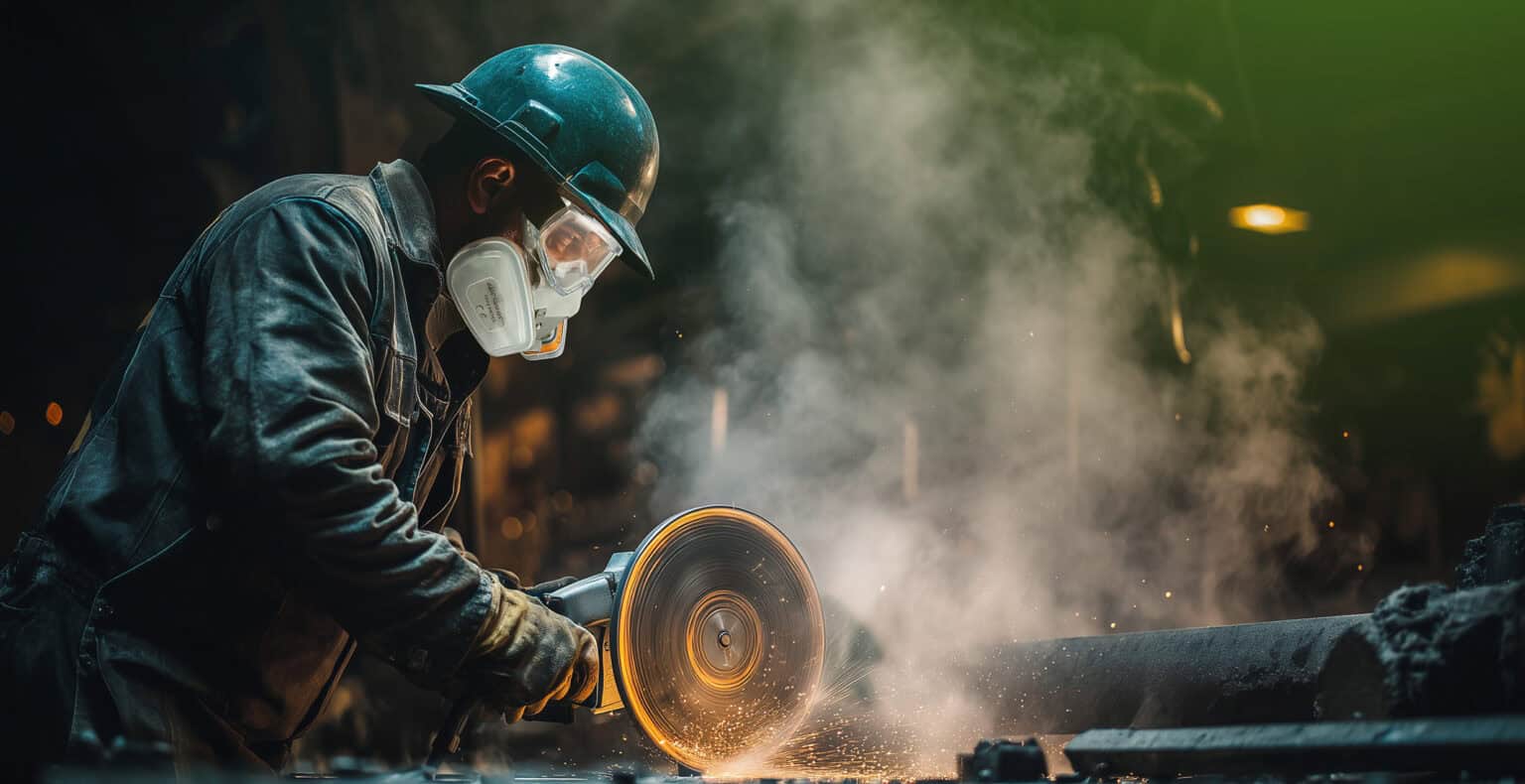 Industrial worker cutting metal with a grinder, sparks flying, in a factory or workshop environment, wearing safety gear including helmet, goggles, and mask, representing safety and craftsmanship.