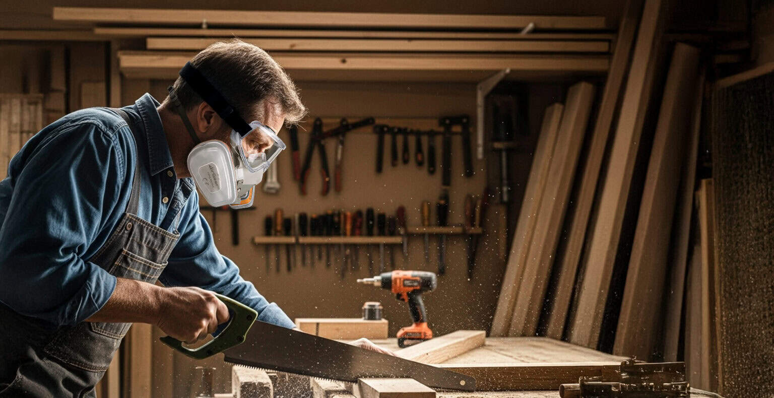 High-quality image of a skilled woodworker cutting wood in a workshop, using protective gear like a respirator mask and safety goggles. The workshop is well-equipped with various tools and wooden materials.
