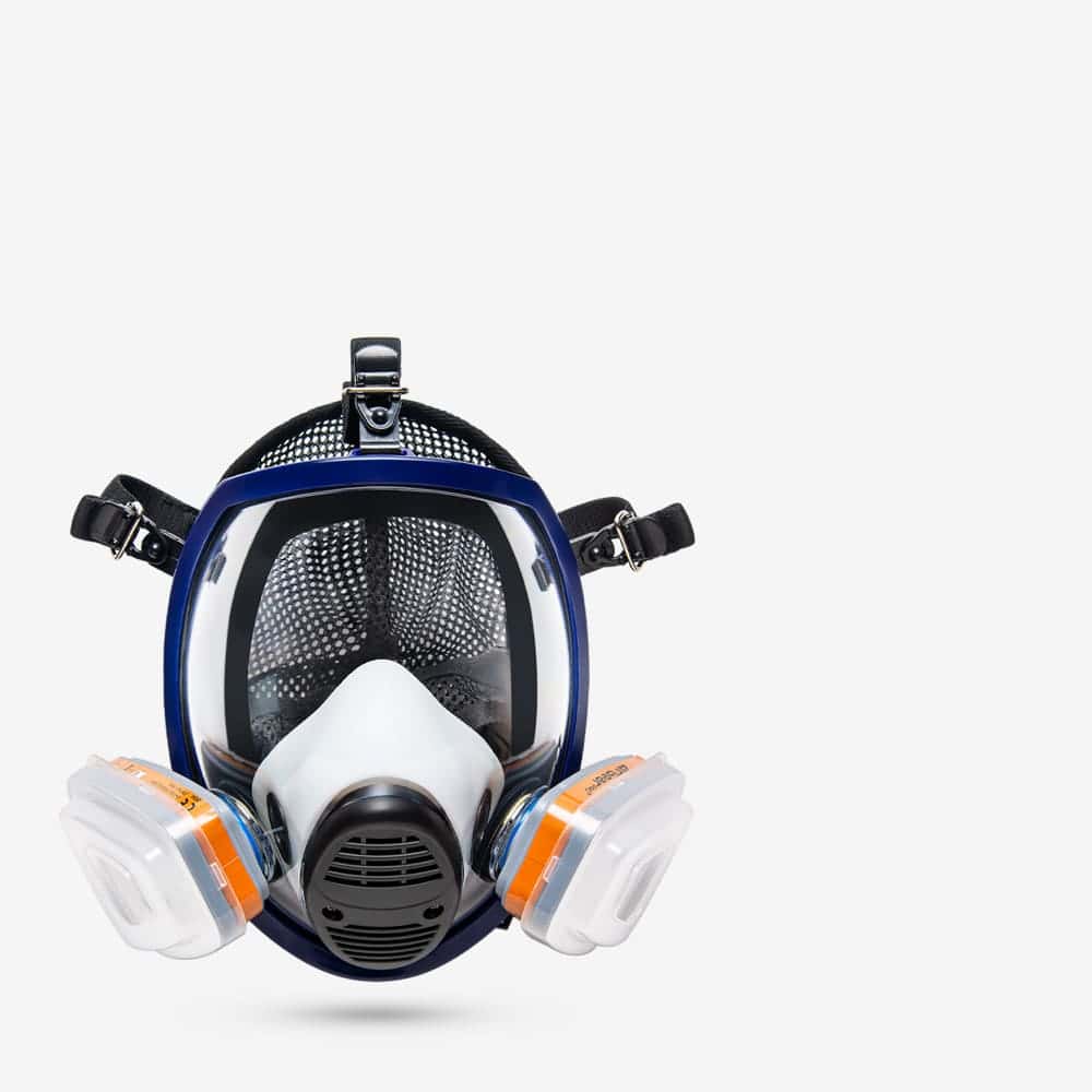 Advanced safety full-face respirator mask with dual filter cartridges, perfect for industrial, painting, and hazardous environments, providing reliable respiratory protection.