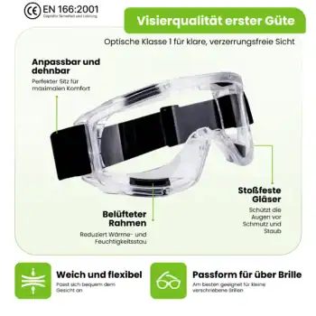 Goggles with adjustable, flexible strap, shatterproof glass for eye protection against dirt and dust, lightweight design, ideal for various safety and sports applications.