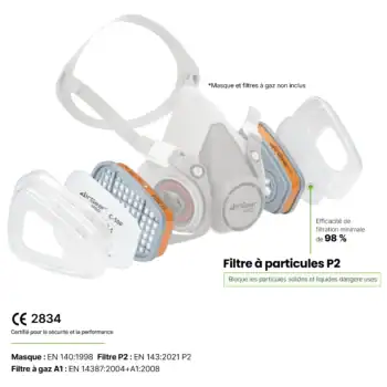 High-efficiency air particles filter for protective masks with 98% minimum filtration rate, designed to block solid and liquid hazardous particles, compatible with AirGearPro masks.